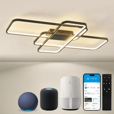 Produktbild von LED moderne Deckenleuchte, mit Fernbedienung, Stufenlos Dimmbar, APP Steuerung, Esszimmer und Schlafzimmer Schwarz,Geometrisch Deckenbeleuchtung 80W