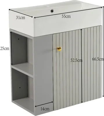 A bathroom vanity with a sink and dimensions labeled.