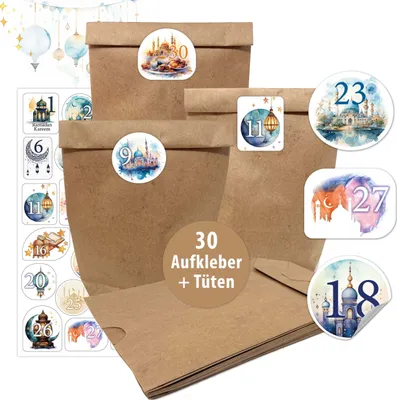 A collection of brown paper bags with decorative stickers, suggesting a gift or advent calendar set.