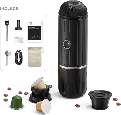 Produktbild von Tragbare elektrische Kaffeemaschine, kompatibel mit NS-Pads und gemahlenem Kaffee, 19 Bar, 100 W, kabellose Heizung, Reise-Espressomaschine fuer unterwegs, Camping, Buero, Zuhause