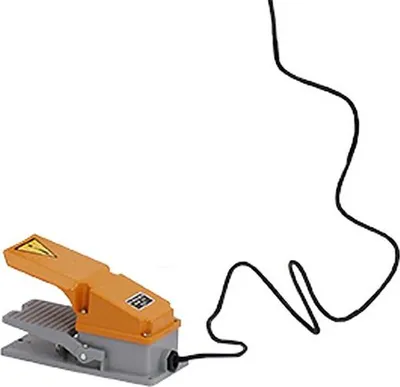 A foot switch with a black cord on a white background.