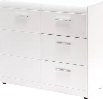 Produktbild von Kommode "402" in weiss mit 3 Schubladen und einer Tür. Abmessungen (BxHxT) 96x86x40 cm