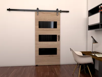 Zdjęcie produktu dla Minio, drzwi przesuwne "LIFT", drzwi pokojowe, 86 cm, czarne elementy dekoracyjne, dąb Sonoma