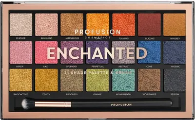 A Profusion Cosmetics eyeshadow palette with 21 shades and a brush, displayed flat.