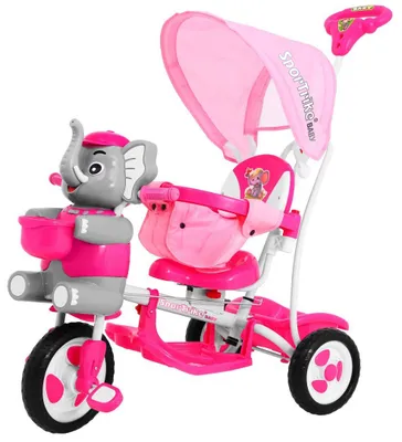 Produktbild von Dreirädriges Kinderfahrrad in Form eines rosa Elefanten + Geräusche + Dach + Schutzbügel + Fußstütze + Lenker + Stauraum