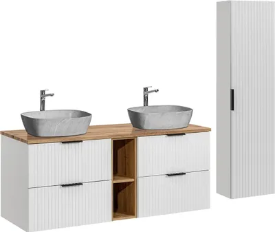 Produktbild von Doppelwaschtisch und Hängesäule 140.8cm Adriel mit 4 Schubladen, Weiß