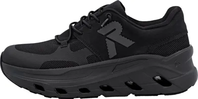 A black athletic shoe is shown from the side against a white background.