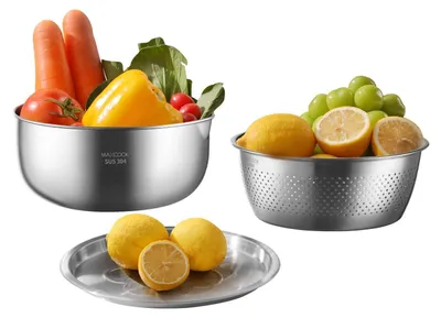Obrázok produktu pre Sada 3 v 1: nerezová miska na miešanie s sitom a pokrievkou, vhodná do umývačky riadu, priemer 19 cm