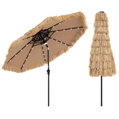 Immagine prodotto di Ombrellone COSTWAY Hawaii 270 cm, ombrellone da spiaggia in paglia PE con LED solare e doppio tetto, ombrellone da giardino in paglia inclinabile