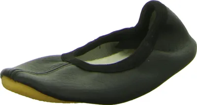 A single black ballet shoe is shown against a white background.