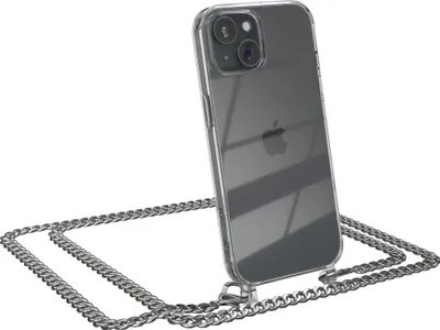Produktbild von EAZY CASE Metall Handykette für Apple iPhone 15, Handyhülle mit Umhängeband, Silikonhülle, Metallkette für Smartphone in Silber