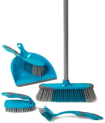 Produktbild von PromoHome® 5-teiliges Reinigungsset mit Handfeger, Bodenbesen, Schrubber und Spülbürste, 120 cm, Türkis