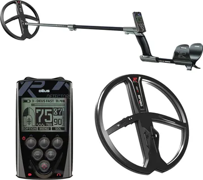 A metal detector and its components are displayed against a white background.
