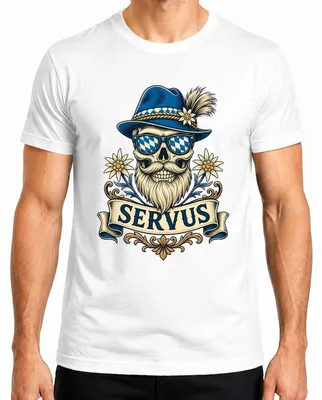 Imagen del producto de Camisa con estampado "Servus", gorro tradicional, camisa tradicional, pantalones de cuero, vestido tradicional, camiseta para hombre, blanca, talla L