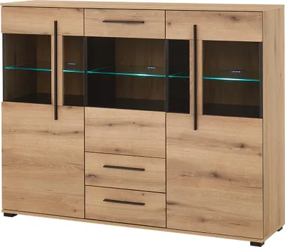 Produktbild von Wohnwand mit Sideboard, Vitrine & Highboard in Eiche mit LED Beleuchtung, 4 teilig COLORADO-61