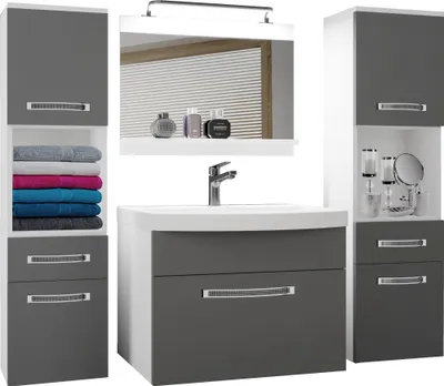 Produktbild von BELINI Badmöbel Vollausstattung Set Waschbeckenschrank, 2x Hochschrank, Waschbecken, Spiegel, Lampe (Grau, Matt)