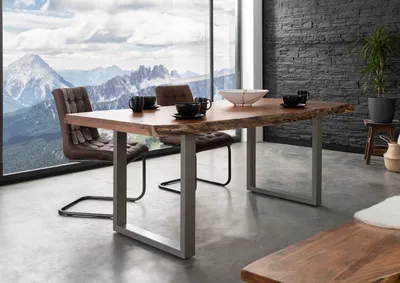 Produktbild von MASSIVMOEBEL24 Baumtisch Akazie 160x90x77 natur lackiert / U-Beine silber matt FREEFORM 5