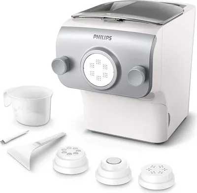 Produktbild von Philips Pastamaker automatische Nudelmaschine, 4 Formaufsätze, Spaghetti, Penne, Fettuccine und Lasagne, Grau (HR2375/05)