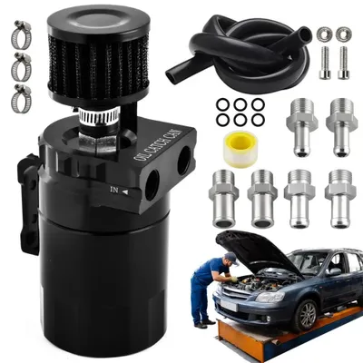 Image de Séparateur d'huile pour automobile - Réservoir de récupération d'huile à pare-chocs - Aluminium - Purgeur de filtre à air - Raccords - Jauge à huile