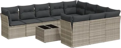 Produktbild von vidaXL 11-tlg. Garten-Sofagarnitur mit Kissen Hellgrau Poly Rattan