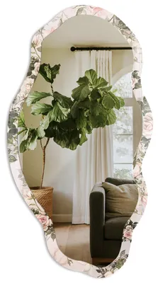 Produktbild von Asymmetrischer Wandspiegel mit Druck – 90x45 cm – unregelmäßige organische Form – moderner Dekospiegel – für Wohnzimmer, Flur und Schlafzimmer - Vintage-Rosen, KI-generiertes Bild