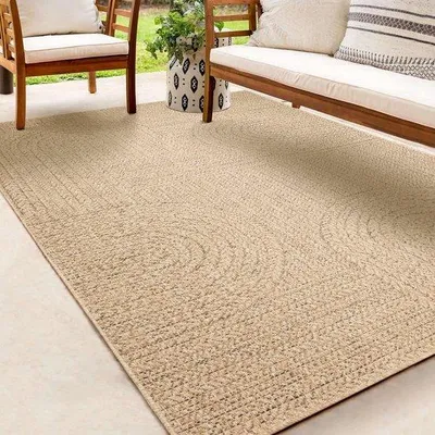 Immagine prodotto di Tappeto da esterno Unyqoos® – marrone, 240 x 340 cm, aspetto in juta con motivo a semicerchio – resistente agli agenti atmosferici e ai raggi UV, robusto ed elegante