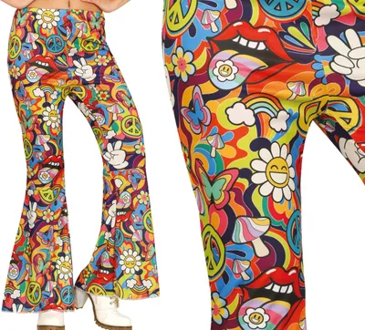 Immagine prodotto di Hippie Flower Power Carnival Flare Pants Colourful Flowers 60s Costume Vintage Look Festival Fashion Retro Party Styling, Taglia: 38 - 40 (M) Colore: Multicolore