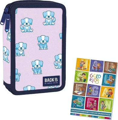 Produktbild von Federtasche 2-fache Federmappe Federmäppchen 32-teilig gefüllte Schüleretui Stifte und Pinsel inkl. Aufgabenheft Federbox Etui Stiftetasche Schlamper-Etui Schul-Etui Hund Dog Motiv
