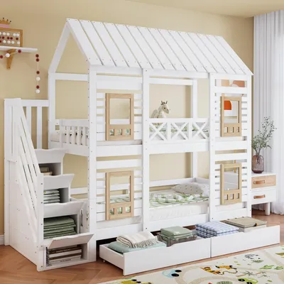 A white wooden bunk bed shaped like a house, with stairs and storage drawers, in a child's bedroom.