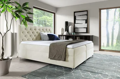 Produktbild von MEBLINI Boxspringbett mit Bettkasten - Gepolstert Doppelbett mit Matratze und Topper - Polsterbett mit Stauraum - Bett mit Kopfteil - Stauraumbett - GIULIA - 160x200 - H3/Creme Samt