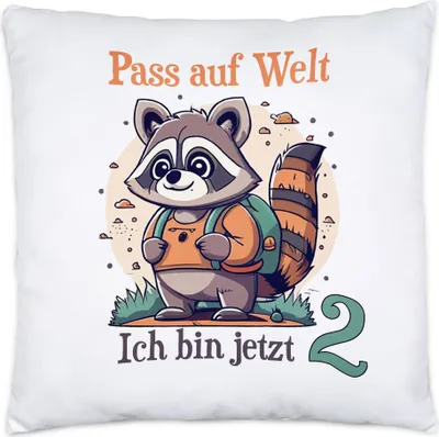 Produktbild von Pass auf Welt ich bin 2 Kissen inkl. Füllung Junge Waschbär Geburtstag