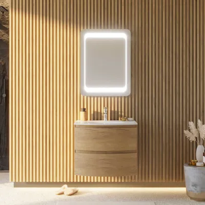 Immagine prodotto di Mobile bagno sospeso curvo 70cm rovere miele con lavabo in resina | Los angeles