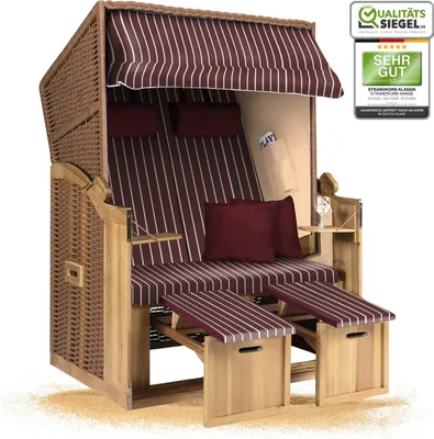 Produktbild von Strandkorb Ostsee 2-Sitzer 120cm breit in beige rot weiß nadelstreifen zerlegt, ideal für Balkon, Terrasse oder Garten