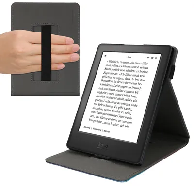 Produktbild von kwmobile Hülle kompatibel mit Kobo Aura H2O Edition 2 Hülle - Case mit Schlaufe und Ständer - Galaxie Baum Wiese Blau Grau Schwarz