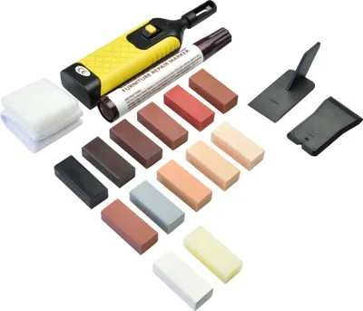 Produktbild von POKAR Holz Parkett Laminat Reparatur Kit Reparaturset Holzkitt 17teilig Wachsschmelzer, Hobel & Schleifschwamm für Holzoberflächen