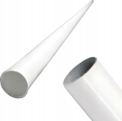A white conical tube and a close-up of a silver tube end.
