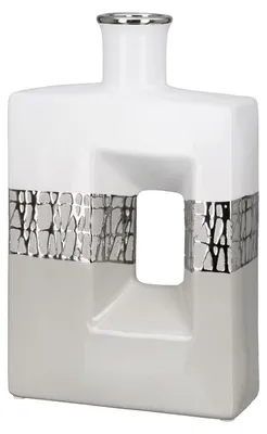 Produktbild von Gilde Vase, flach, rechteckig, "Cabrera", Keramik, grau, weiß, silberfarben, VE 2, L. 6.5 cm, B. 17.5 cm, H. 27.5 cm 47420 4063387474204
