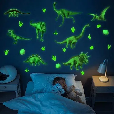 Produktbild von Lichtgevende Wandsticker mit Dinosaurussen - 18 Stück - für Kinderzimmer - Magische Dekoration - LED-Beleuchtung - Wanddekoration