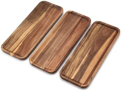 Productafbeelding van BILL.F Serveerdienbladen van massief acaciahout, set van 3 (37 x 14 cm), rechthoekige houten dienbladen voor dessert