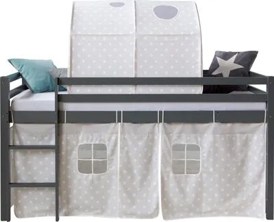 Produktbild von Homestyle4u Kinder Hochbett 90x200 grau mit Tunnel Sternen Vorhang