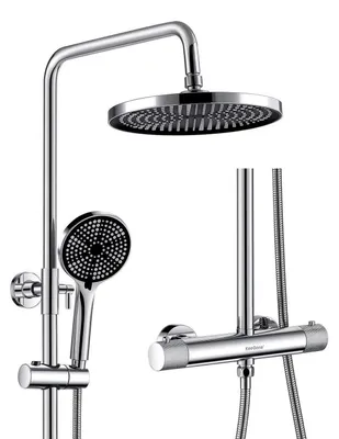 Zdjęcie produktu dla Kompletny zestaw prysznicowy z termostatem, deszczownica 25 cm, 3 rodzaje strumienia, słuchawka prysznicowa ze stali nierdzewnej, chromowana