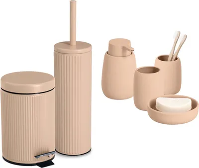 Produktbild von 6-teiliges Badezimmer-Set Keramik mandel, Badzubehör-Set besteht aus: Seifenspender, 2x Zahnputzbecher, Seifenschale & 3 Liter Kosmetikeimer