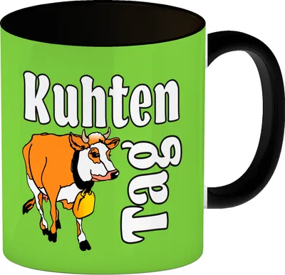 Produktbild von Kuhten Tag Kaffeebecher Schwarz in grün mit Kuh zum Thema Bauernhof