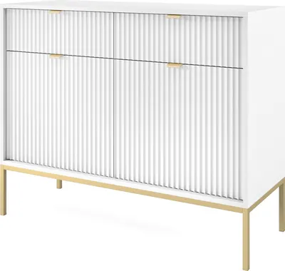 Produktbild von Kommode Zweitürige 100 cm Galla - Sideboard mit Schubladen - Beinen, geriffelten Fronten & goldene Griffe (Weiß + Gold)