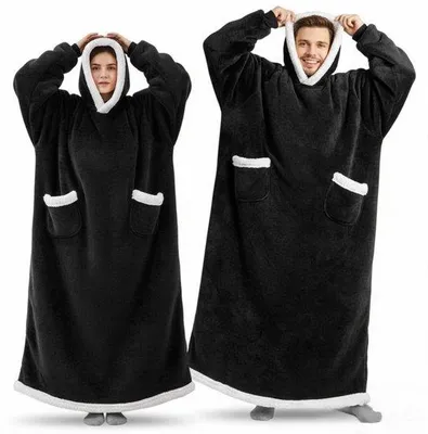 Produktbild von Unyqoos® Hoodie-Decke 150 cm – Oversized Sherpa Fleece mit Flanell-Innenseite, Unisex One Size, Ärmeln mit Daumenlöchern, Kapuze, 2 Fronttaschen, Schwarz