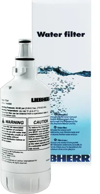 A white water filter cartridge and its packaging are shown against a white background.