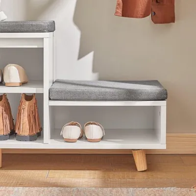 Produktbild von Schuhbank weiß – Aufbewahrungsbank mit 3 Fächern und Sitzfläche – 101 x 46 cm