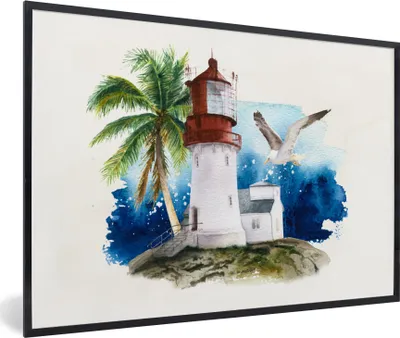 Produktbild von MuchoWow® MuchoWow® Gerahmtes Poster Leuchtturm - Palme - Vogel - Meer 90x60 cm - Poster mit zchwarzem Bilderrahmen - Fotorahmen - Foto-Plakat