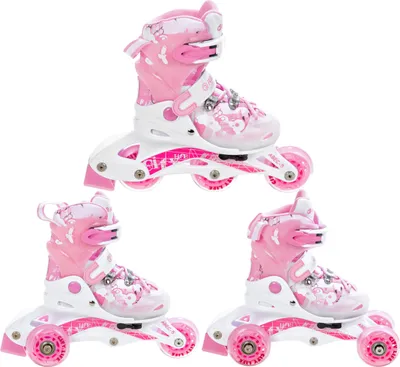 Three pairs of pink and white children's inline skates are arranged in a triangular formation against a white background.