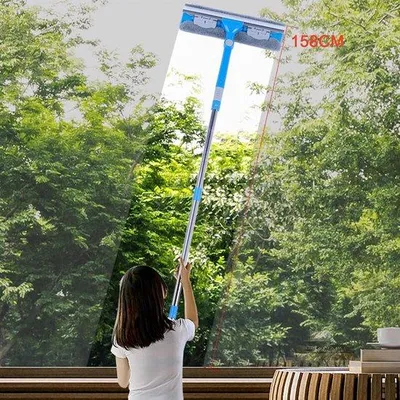 Produktbild von Famanu Fensterreiniger 2-in-1 mit Teleskopstiel (158 cm) - für hohe Fenster, Glas, Dusche und Auto
